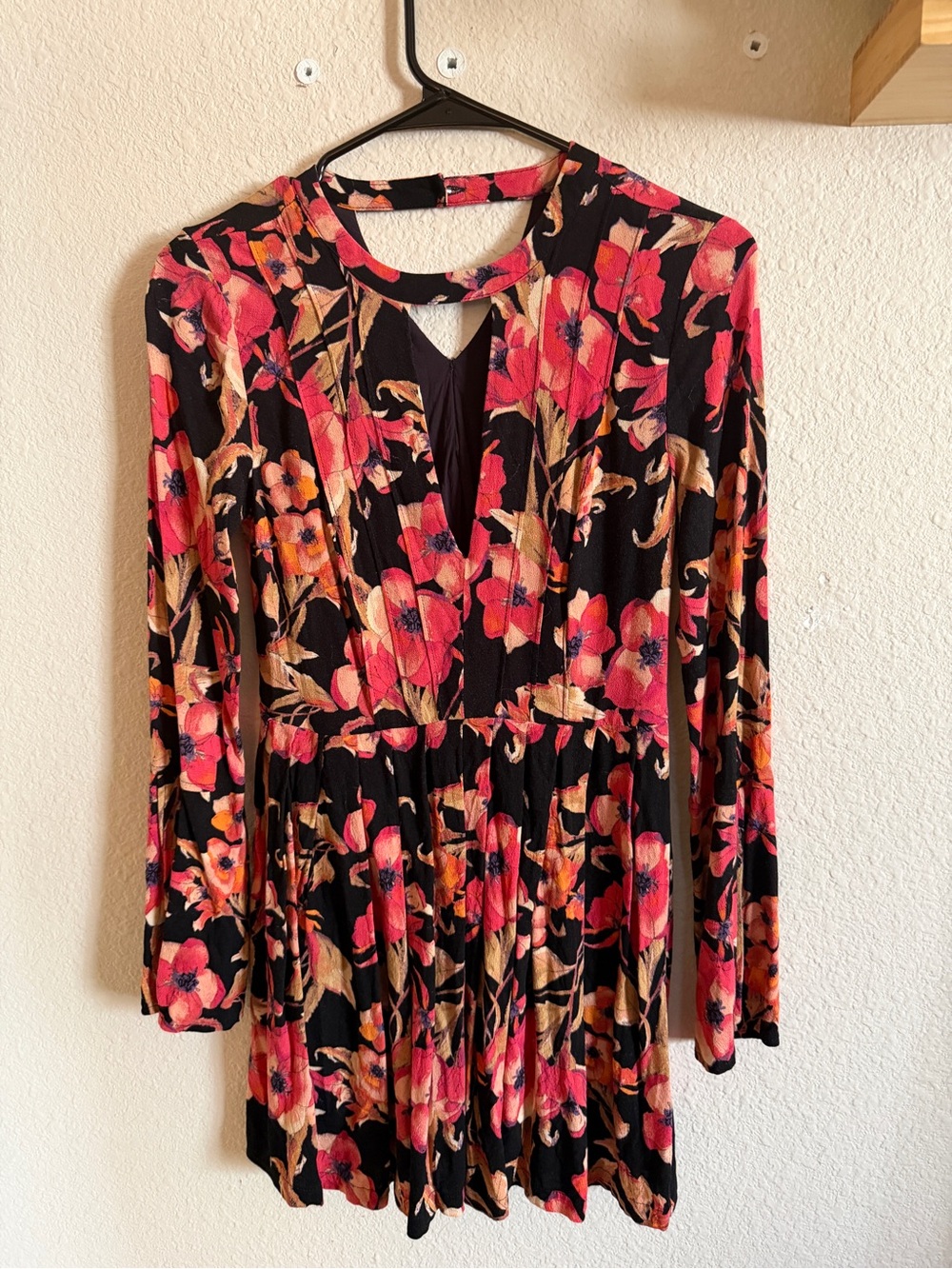 Free People Black Long-Sleeve Floral V-Neck Dress with Pink & Tan Blooms